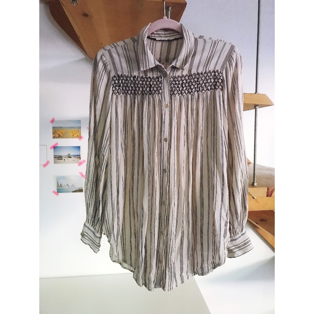 Anthro Gauze pinstriped smocked blouse